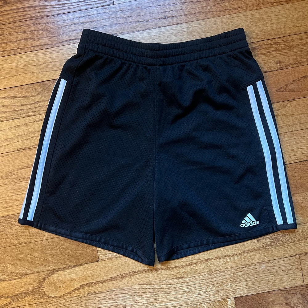 Adidas shorts, size youth large (14), black with white stripe